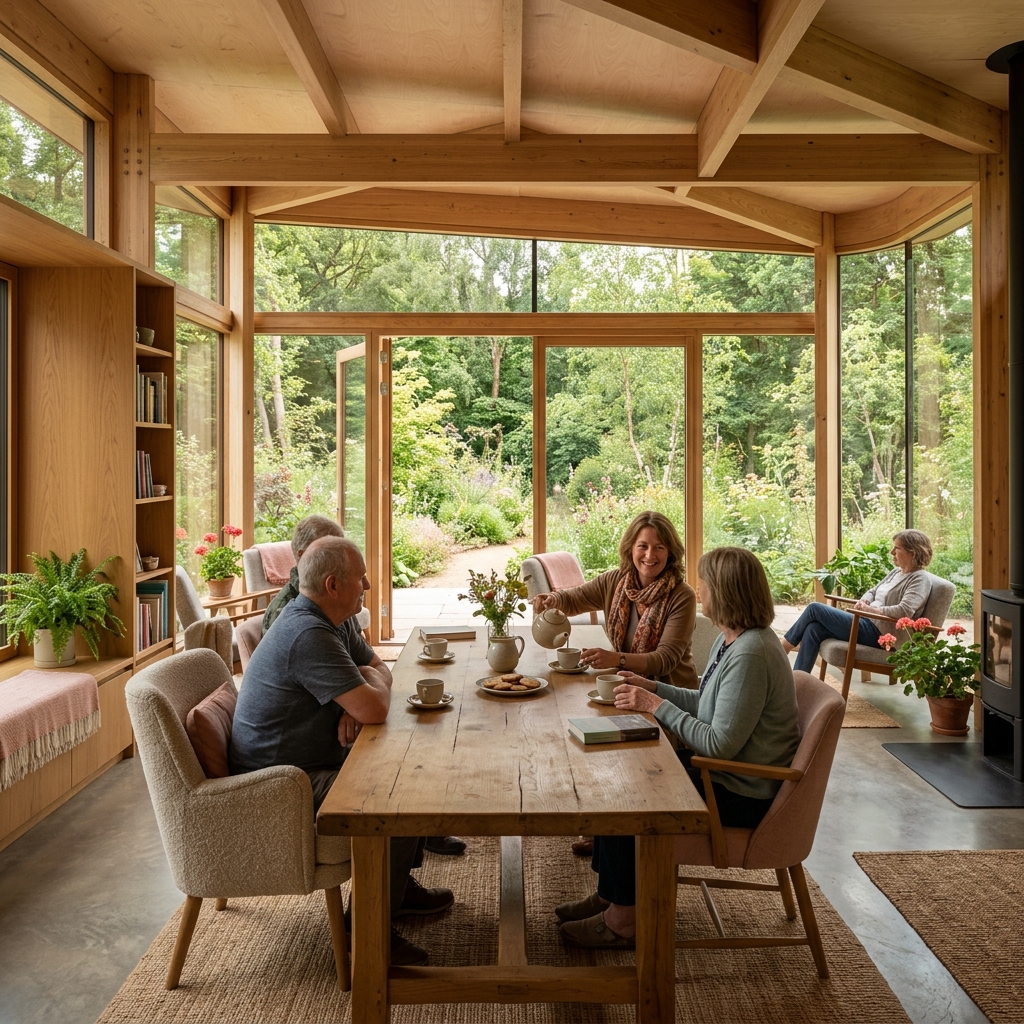 Maggie's Cancer Care Centre architectural interior with warm kitchen table